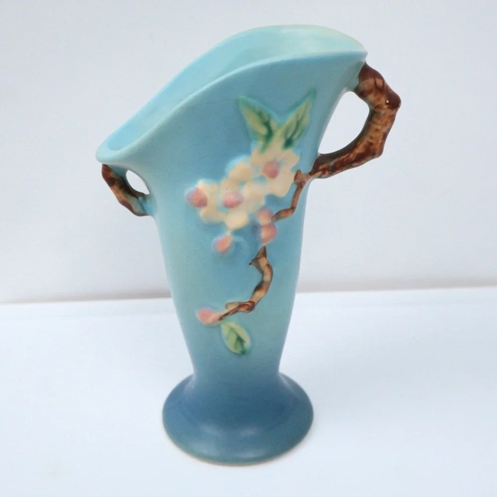 Roseville Vintage Pottery Apple Blossom Vase Shape 382-7 Aqua Blue